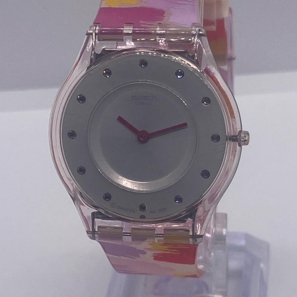Swatch Ultra-Thin Pink and Yellow Brushstroke Resin Strap Watch